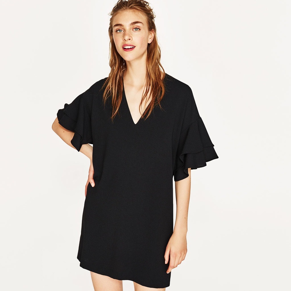 Zara Black Mini Dress with Ruffle Sleeves size XS